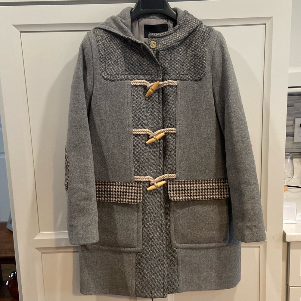 J. Crew Collection Gray Brown Herringbone Elbow Tweed Duffle Coat 10 Wool Jacket